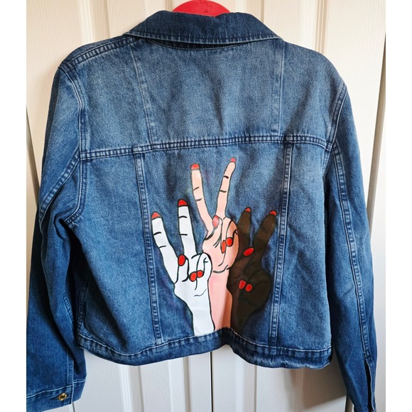 Michael Kors Jackets & Blazers - Michael‎ Kors Denim Jacket Women's XL Blue Jean Art Painted Peace Hands MK Logo